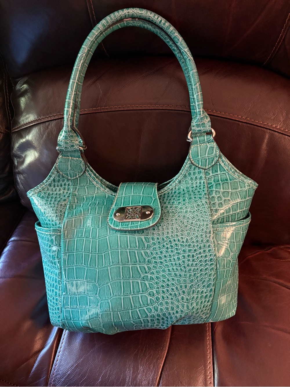 Turquoise Croc-Embossed Shoulder Bag